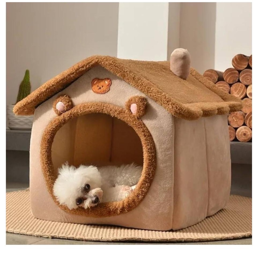 Dog/Cat Cozy Tan Pet House with Bear Design